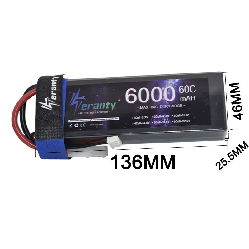 Teranty 2S LiPo Akku 7,4 V 6000mAh 60C für RC Fahrzeuge mit XT90 und XT60 Anschlüssen, Schwarz - Bild 3