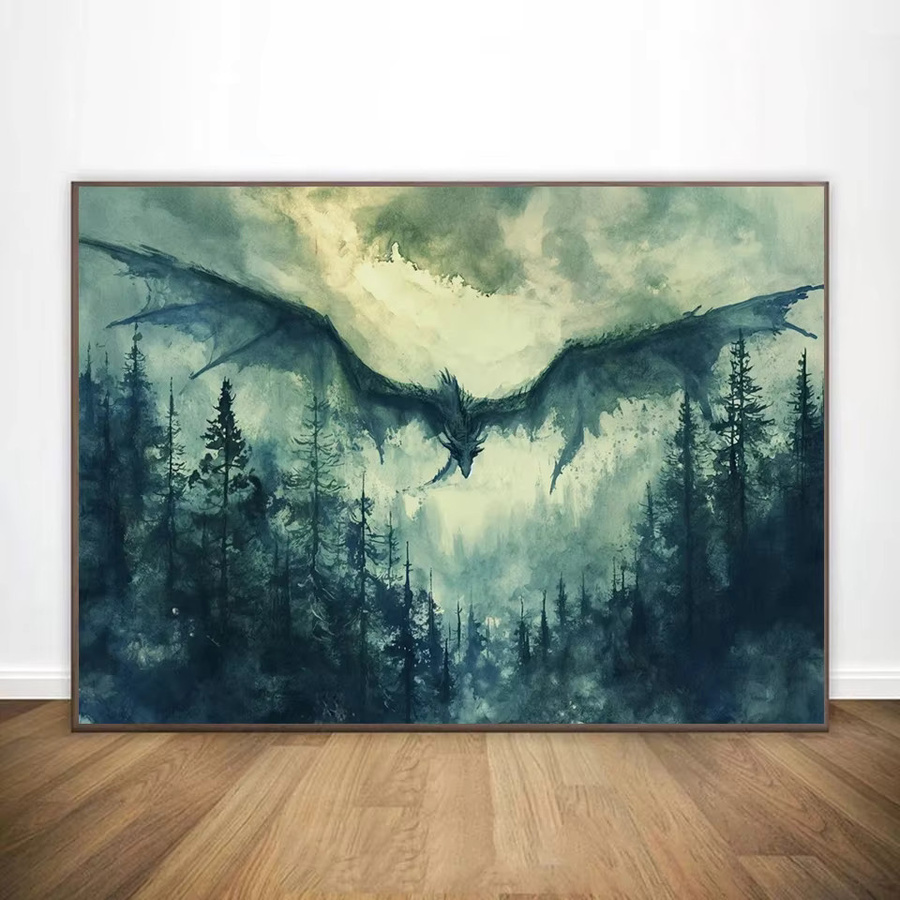 Potdemiel Aquarell Leinwand Poster Drache im Wald in Weiß und Grün im Dark Academia Stil - Bild 2