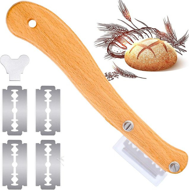 TOMTOP JMS Brotschneidewerkzeug mit Holzgriff und 5 austauschbaren Edelstahlklingen in Braun zum Schneiden von Teig und Einschneiden von Brot - Bild 1