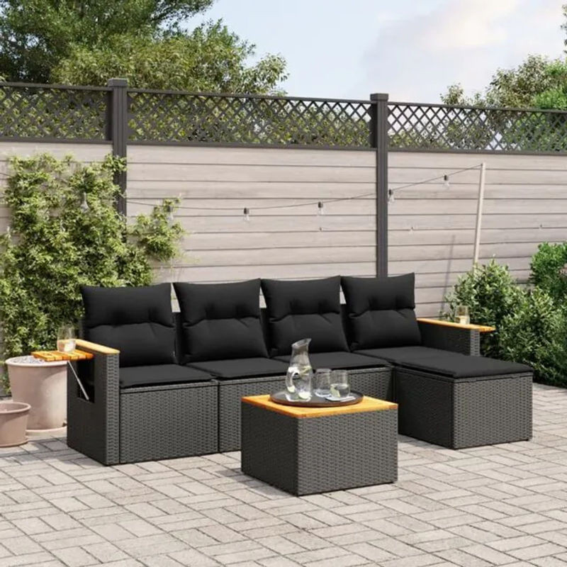 Vidaxl 6-tlg. Garten-Sofagarnitur aus Polyrattan und Stahl in Schwarz mit Kissen und Loungemöbel-Funktion - Bild 1