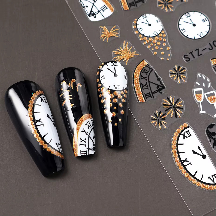 Full Beauty Nagelkunst-Aufkleber, schwarz goldene Uhr Weinglas Feuerwerk, 2 Stück - Bild 3