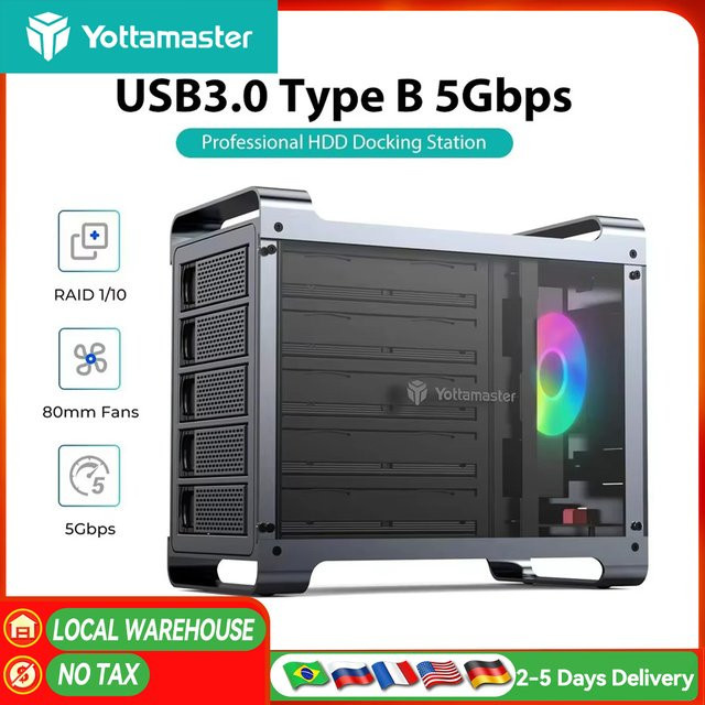 Yottamaster 5-Slot RAID externes Festplattengehäuse für 2,5" und 3,5" SATA HDD/SSD mit RGB Silent Fan - Bild 1
