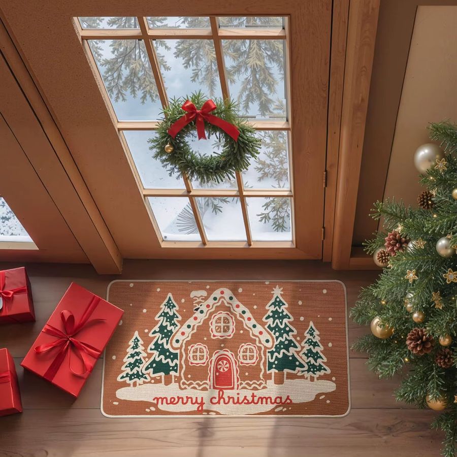 VIKAMA Weihnachts-Fußmatte mit Cartoon-Lebkuchenhaus-Design, rutschfest und schmutzabweisend für Eingangshalle und Badezimmer - Bild 3