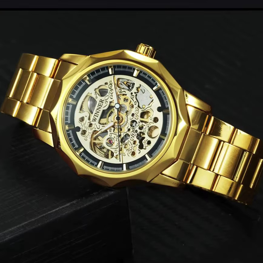 WINNER Armbanduhr Automatik, Gold, Edelstahlarmband, Herren, Leuchtzeiger - Bild 3