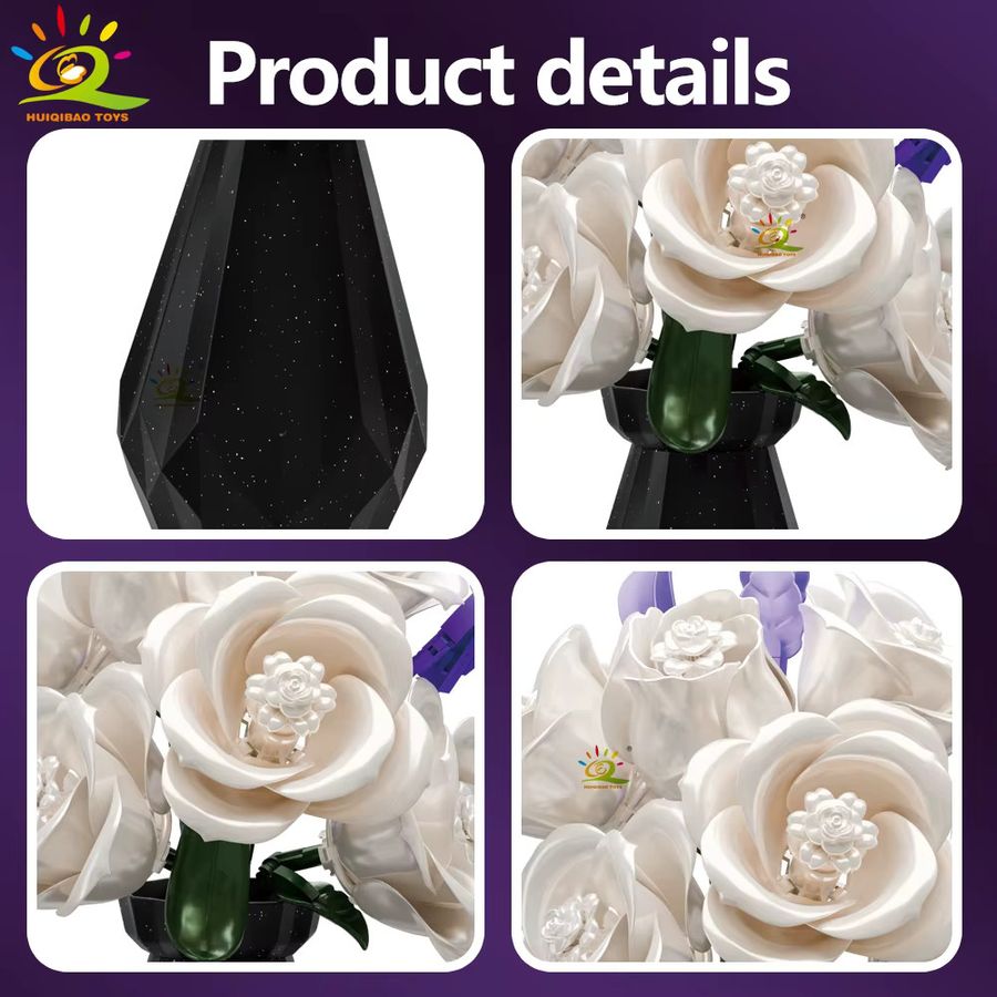 HUIQIBAO MOC Blumenmodell Bausteine Rose und Tulpe Bouquet in Schwarz und Weiß als 3D Ziegel Spielzeug für die Dekoration oder als Valentinstagsgeschenk für Mädchen - Bild 4
