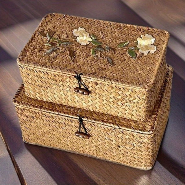 Handgewebte Aufbewahrungsbox aus Seegras mit Deckel in Gelb als vielseitiger Organizer für dein Make-up oder Regale - Bild 1