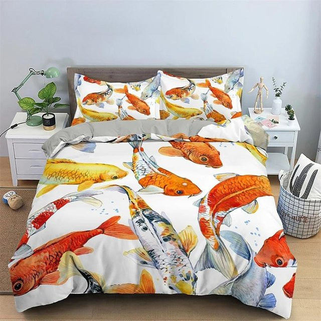 Binchi Fitness Goldfisch Bettwäsche Set mit 3D Tier-Design in Gold, Rot und Weiß, bestehend aus 1x Bettbezug und 1x Kissenbezug, Breite: 140 cm, Höhe: 200 cm - Bild 1