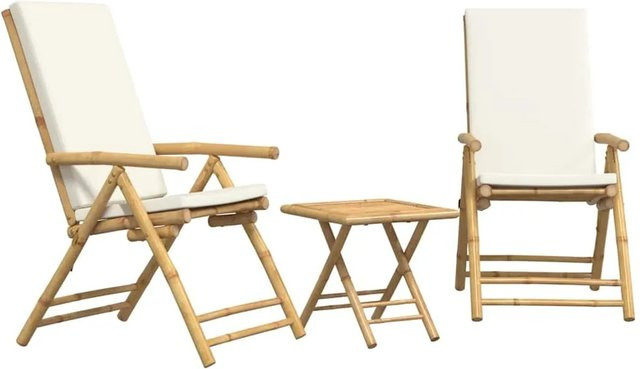 vidaXL 3-teiliges Bistro-Set aus Bambus mit cremeweißen Kissen für Garten, Hinterhof oder Balkon, quadratisch, Weiß - Bild 1