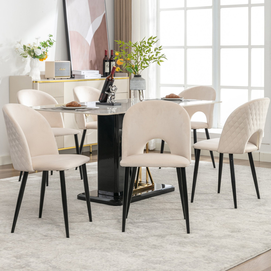 Set aus 6 gepolsterten Esszimmerstühlen aus Samt mit geometrischer Rückenlehne und Metallrahmen in Beige - Bild 2