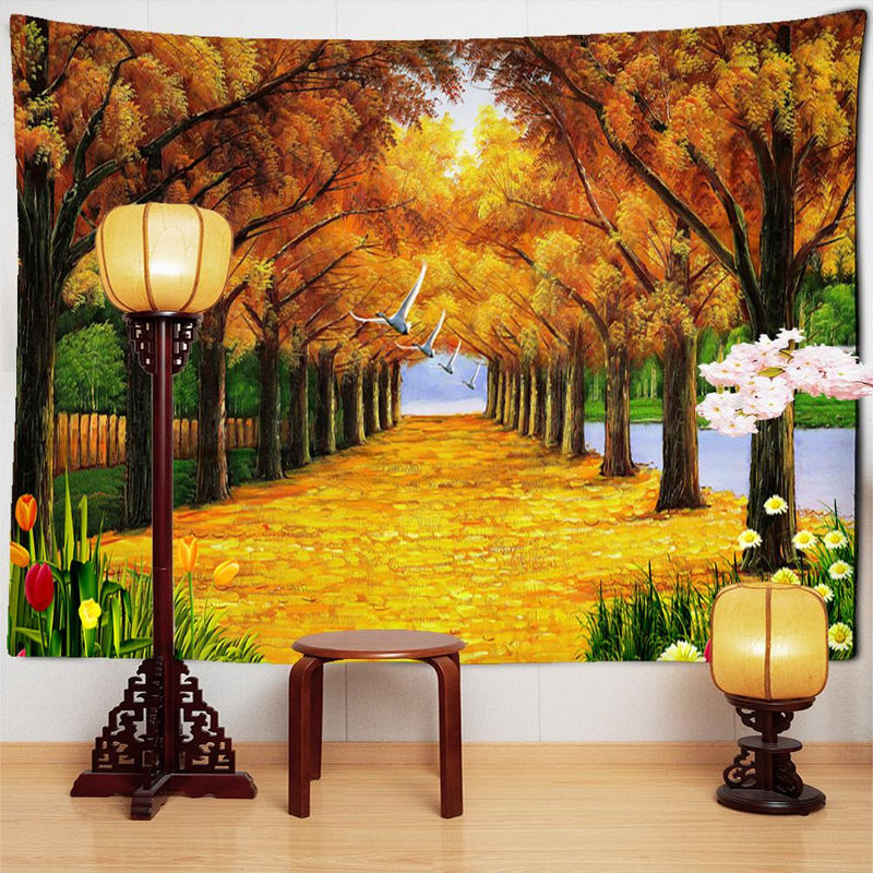 Super Six Wandteppich im Bohemian Stil mit psychedelischem Engel und Herbstlandschaft, Textildruck in Gelb, B: 95 cm, H: 70 cm - Bild 2