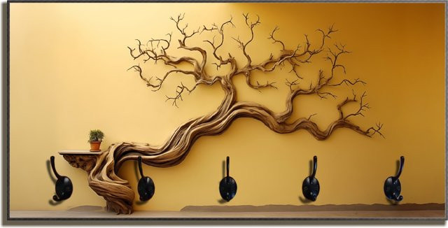 Wallario Holzgarderobe Lebensbaum Skulptur in Braun mit Haken, B/H: 80 x 40 cm - Bild 1
