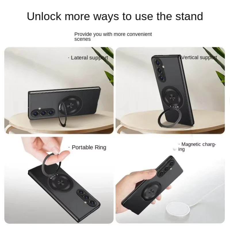 Busine Magnetische Stoßfeste Schutzhülle für Samsung Galaxy Z Fold 8 7 6 5 4 3 mit Drehbaren Metallhalter und Befestigungsring in Schwarz - Bild 2