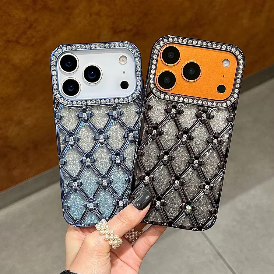 Caynes Funkelnde Diamant-Gitter-Handyhülle für iPhone mit galvanisiertem Rahmen in Pink - Bild 1