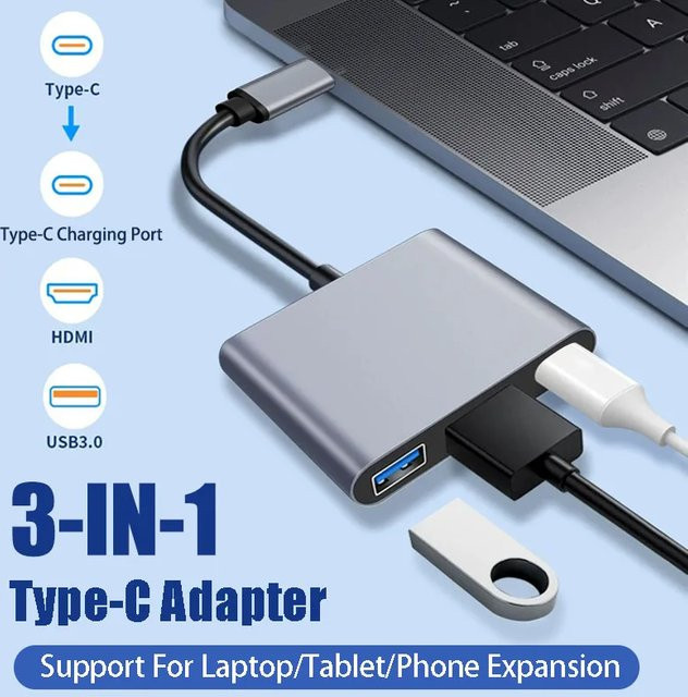 KOJESHUN USB C Hub 3-in-1 mit 100 W Power Delivery, USB 3.0 und 4K HDMI für MacBook, Surface und Steam Deck in Silber, Grau oder Weiß - Bild 1