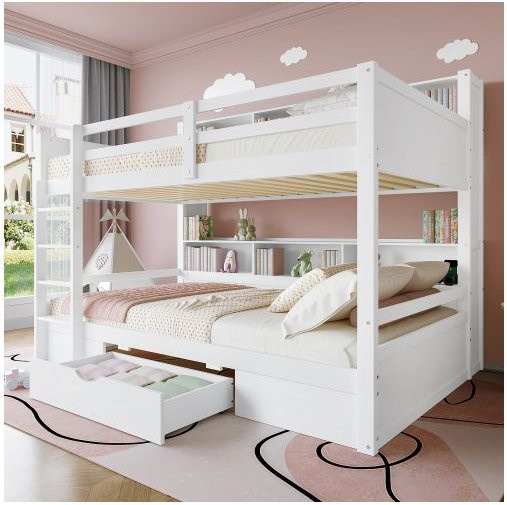 MUVOE Etagenbett aus Massivholz mit Schubladen in Weiß, B/T/H: 90 x 200 cm - Bild 1