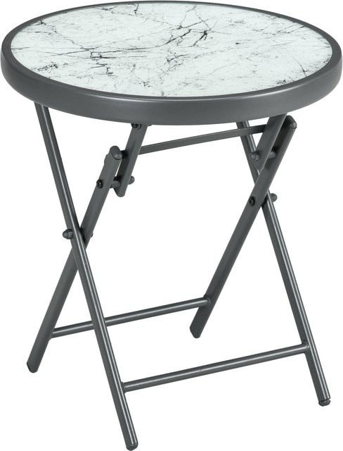Outsunny Beistelltisch klappbar mit Glasplatte in Marmoroptik, runder Sofatisch für Balkon, Terrasse und Wohnzimmer, Farbe: Weiß, B/T/H: 45 x 45 x 50 cm - Bild 1