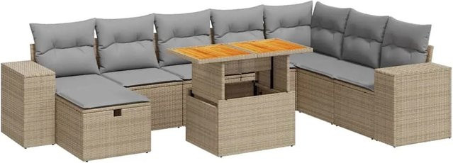vidaXL 9-tlg. Garten-Sofagarnitur in L-Form aus Polyrattan und Akazie mit Kissen, Beige/Grau - Bild 1