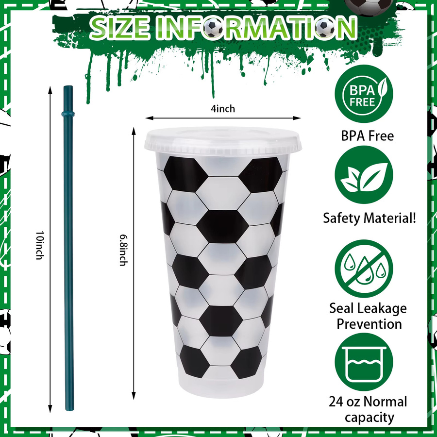 10 Stück Fußball Trinkbecher aus Kunststoff mit Deckel und Strohhalm, wiederverwendbare Tumbler für Sportfans, Mehrfarbig - Bild 3