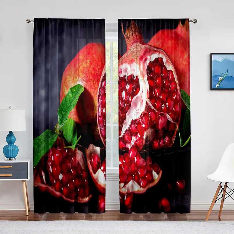 Transparente Voile-Vorhänge mit Granatapfel-Obstmuster für Wohnzimmer und Schlafzimmer, moderne Tüll-Fenstervorhänge mit Ösen, Breite: 100 cm, Höhe: 250 cm - Bild 2