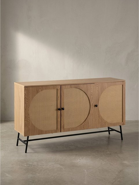 Sideboard KADIMA DESIGN in Eiche-Dekor und Rattan mit 3 Türen, Braun, B/H/T: 140 x 80 x 39 cm - Bild 1
