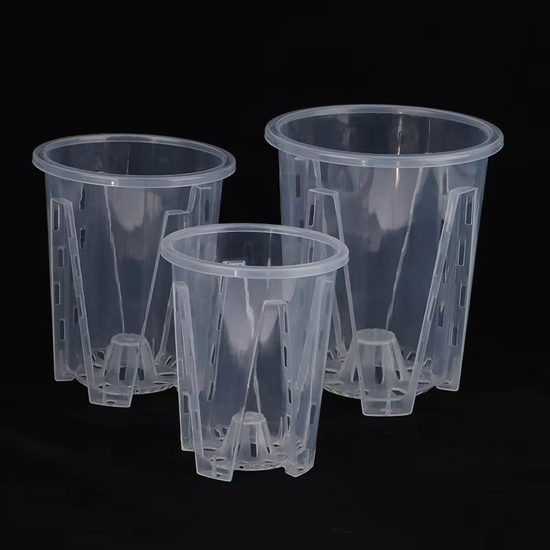 Transparenter Kunststoff-Blumentopf mit Tablett zur Wurzelkontrolle für Orchideen und Zimmerpflanzen, B: 14,3 cm, T: 14,0 cm - Bild 2