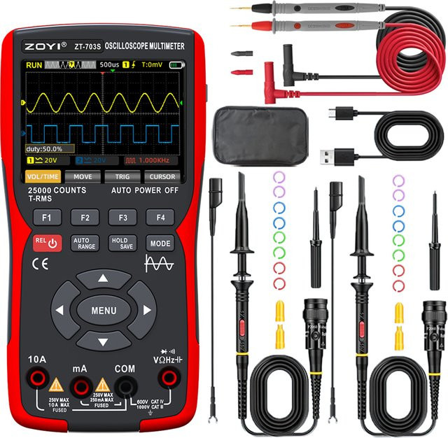 Zoyi ZT-703S 3-in-1-Oszilloskop-Multimeter in Schwarz mit 2,4-Zoll-IP-Display, 3,5 Zählungen, Zweikanal-50-MHz-Bandbreite und 25000 msa/s - Bild 1
