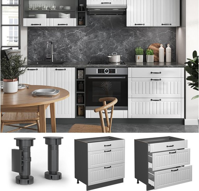Vicco Küchenunterschrank Fame-Line Landhaus mit 3 Schubladen, Anthrazit und Weiß, Breite: 80 cm - Bild 1