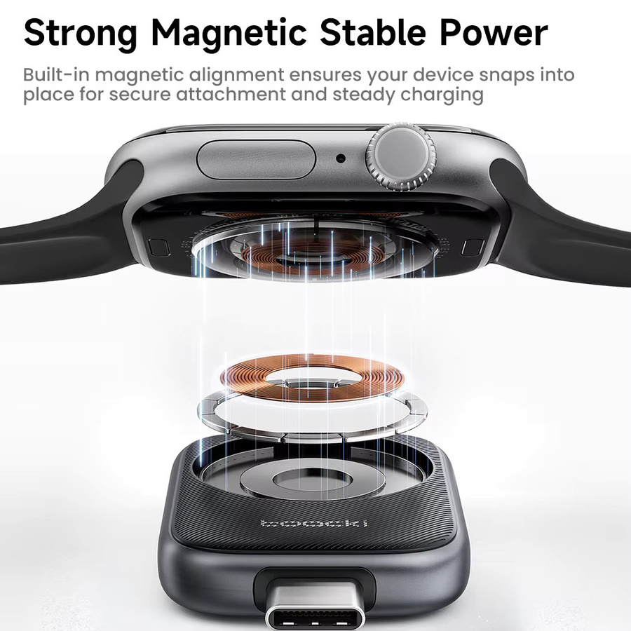 Toocki TW13 Magnetisches kabelloses Ladegerät für Apple Watch S1-S11, SE 2-3 und Ultra 1-3, Typ-C, Schwarz - Bild 3