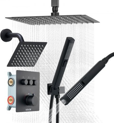VEVOR Thermostatisches Duschsystem in Mattschwarz mit Regenduschkopf, Wandbrause und 2 in 1 Handbrause aus Messing - Bild 1