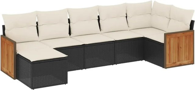 vidaXL 7-teilige Garten-Sofagarnitur in L-Form aus Poly-Rattan mit Kissen in Schwarz und Cremeweiß - Bild 1