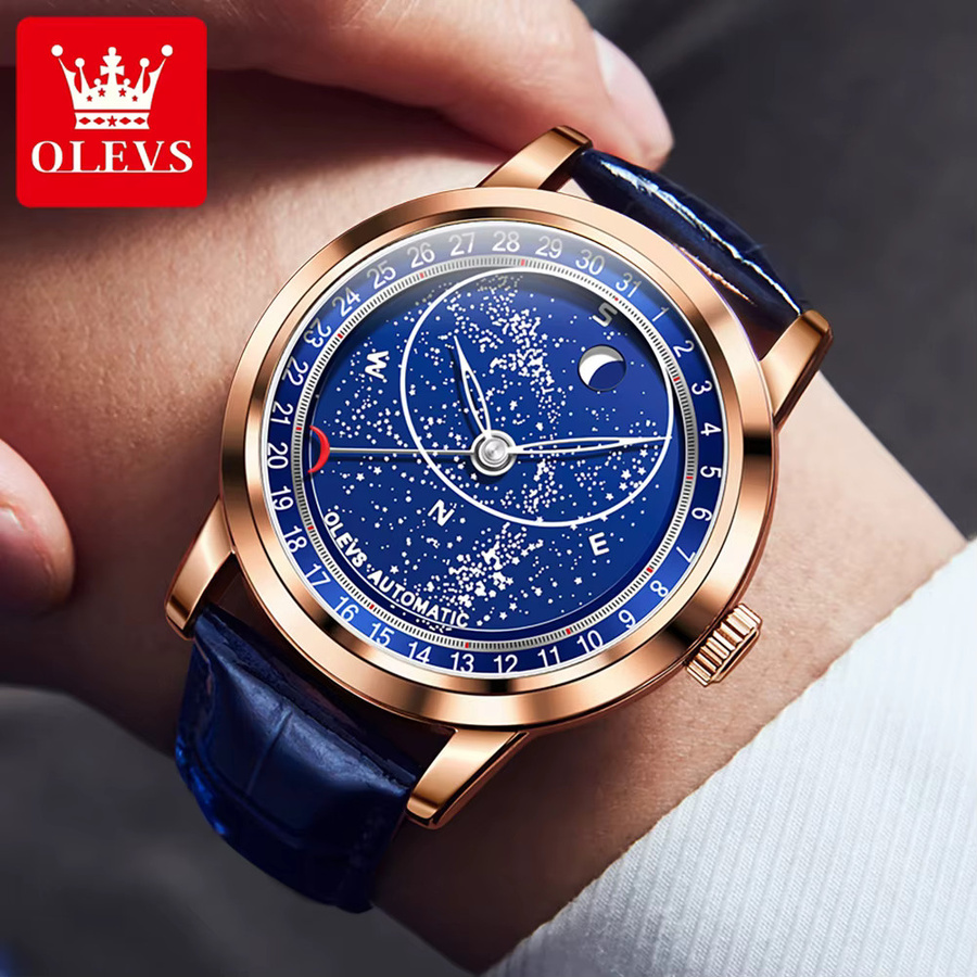 OLEVS Armbanduhr Automatik, Edelstahl, Leder, Blau, Mondphase, Kompass, Herren - Bild 3