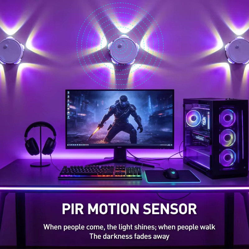 FLOWMIST RGB LED Gaming-Atmosphärenleuchte mit PIR-Bewegungssensor, wiederaufladbare magnetische Wandlampe in Multicolour und Weiß, runde Design-Ambientebeleuchtung mit Touch-Funktion - Bild 2