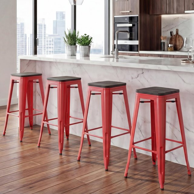 4er-Set MCW Barhocker A73 in Rot mit Holz-Sitzfläche im Industriedesign, stapelbar - Bild 1