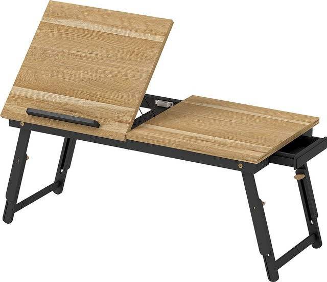 HOMCOM Betttisch Eiche, Höhenverstellbarer Laptoptisch mit Schublade und klappbarer Platte, Klappbarer Laptopständer für Sofa und Bett, B: 83,5 cm, T: 33 cm, H: 23,5-34 cm - Bild 1