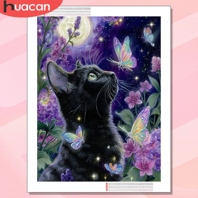 HUACAN Diamantkunst Set Katze und Schmetterling in Schwarz und Multicolour, runde Mosaik-Malerei für deine Heimdekoration, B/D: 30 x 20 cm - Bild 1