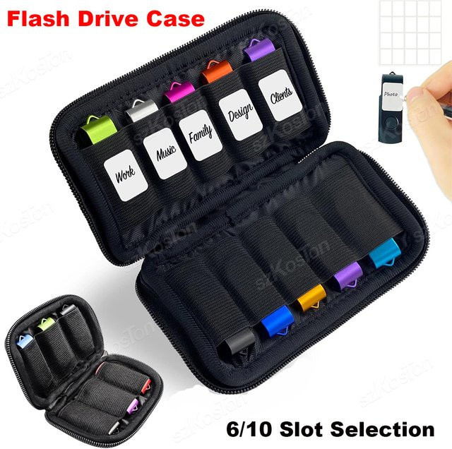 SZKOSTON USB-Laufwerk Tasche Organizer in Schwarz mit 10 Slots für USB-Sticks, SD-Karten und Kabelzubehör - Bild 1