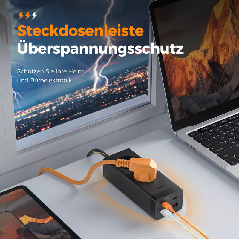 TESSAN Überspannungsschutz-Steckdosenleiste mit GaN 2-Wege-Steckeradapter, 4 USB-Schnellladefunktionen und 2m Kabel, Schwarz - Bild 4
