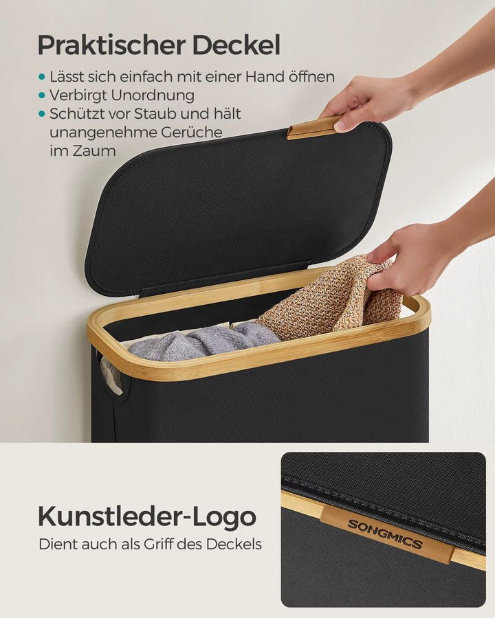 SONGMICS Wäschekorb mit Deckel in Schwarz, 65 l Wäschesammler aus Oxford-Gewebe mit herausnehmbarem Wäschesack und Griffen aus Bambus, zusammenklappbar - Bild 3