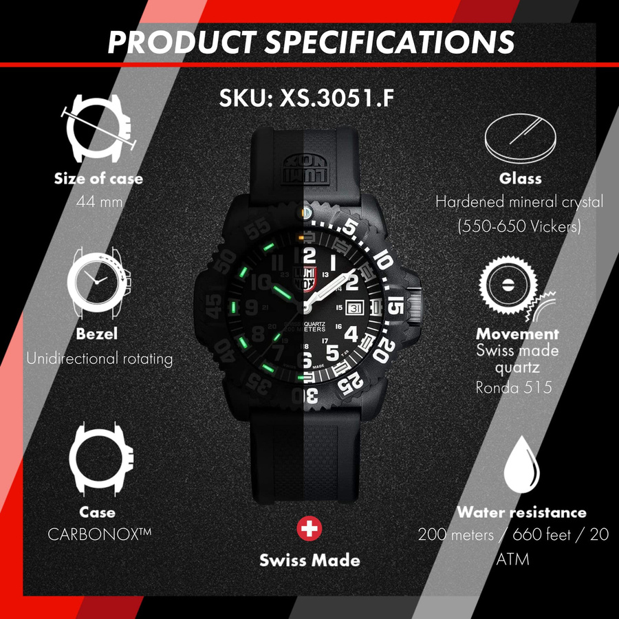 Luminox Herrenuhr, Quarz, Karbon, 44 mm, Schwarz, 20 ATM - Bild 3