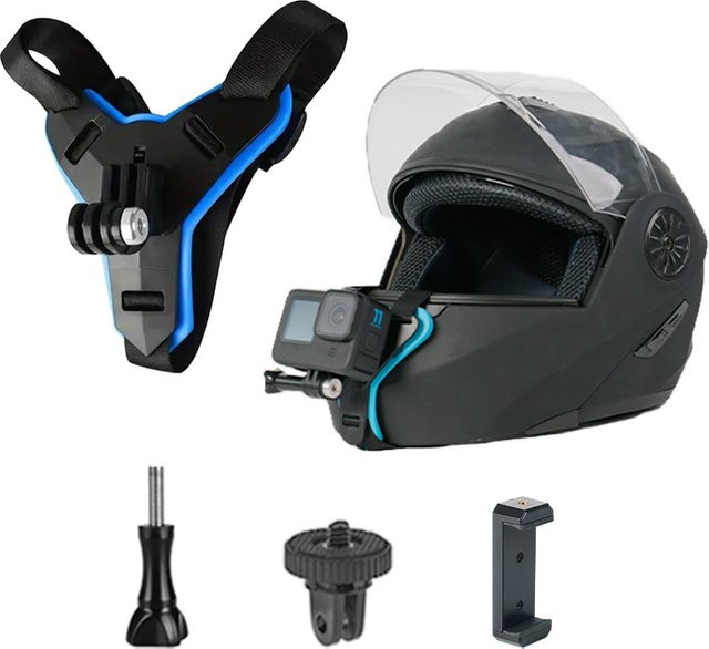 Motorrad Helm Kinn Halterung für GoPro Hero, DJI Osmo Action und Insta360 Action Kameras in Blau - Bild 1