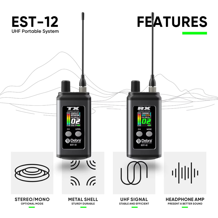 Debra EST-12 Stereo UHF Wireless In-Ear-Überwachungssystem, tragbares wiederaufladbares System in Schwarz für Bühnenauftritte und Kirchen - Bild 3