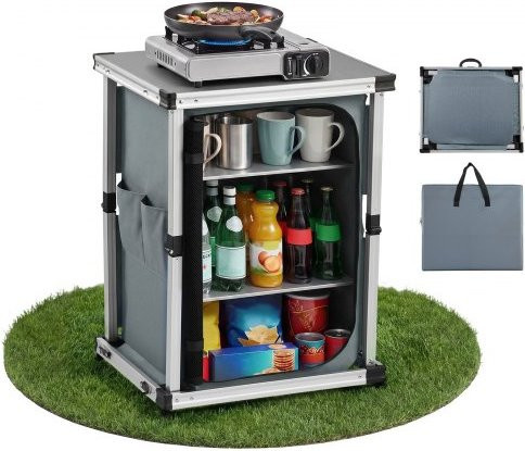 VEVOR Camping Küchenschrank aus Aluminium mit 3 Regalen und Tragetasche, tragbarer Outdoor Küchenstation für Picknick und BBQ, Grau, B/T/H: 80,0 x 61,0 x 51,0 cm - Bild 1