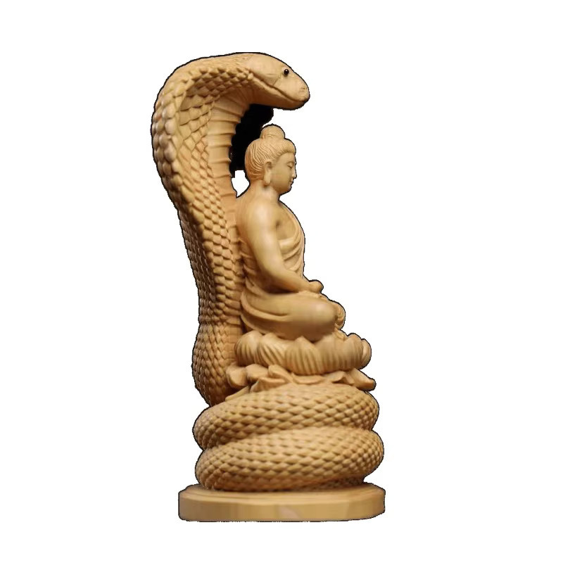 Shakyamani Buddha Ornament aus Buchsbaum mit Schlange als dekorative Holzfigur in Beige für dein Zuhause oder dein Auto - Bild 2