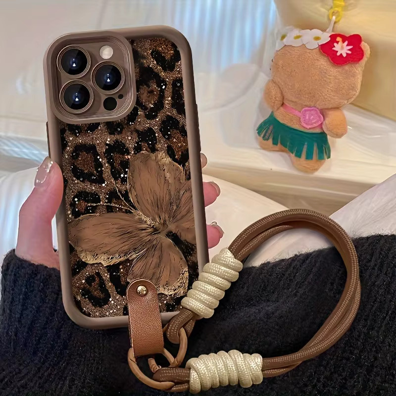 Stoßfeste iPhone Handyhülle mit Handschlaufe und Schmetterling-Leopardenmuster in Braun - Bild 3
