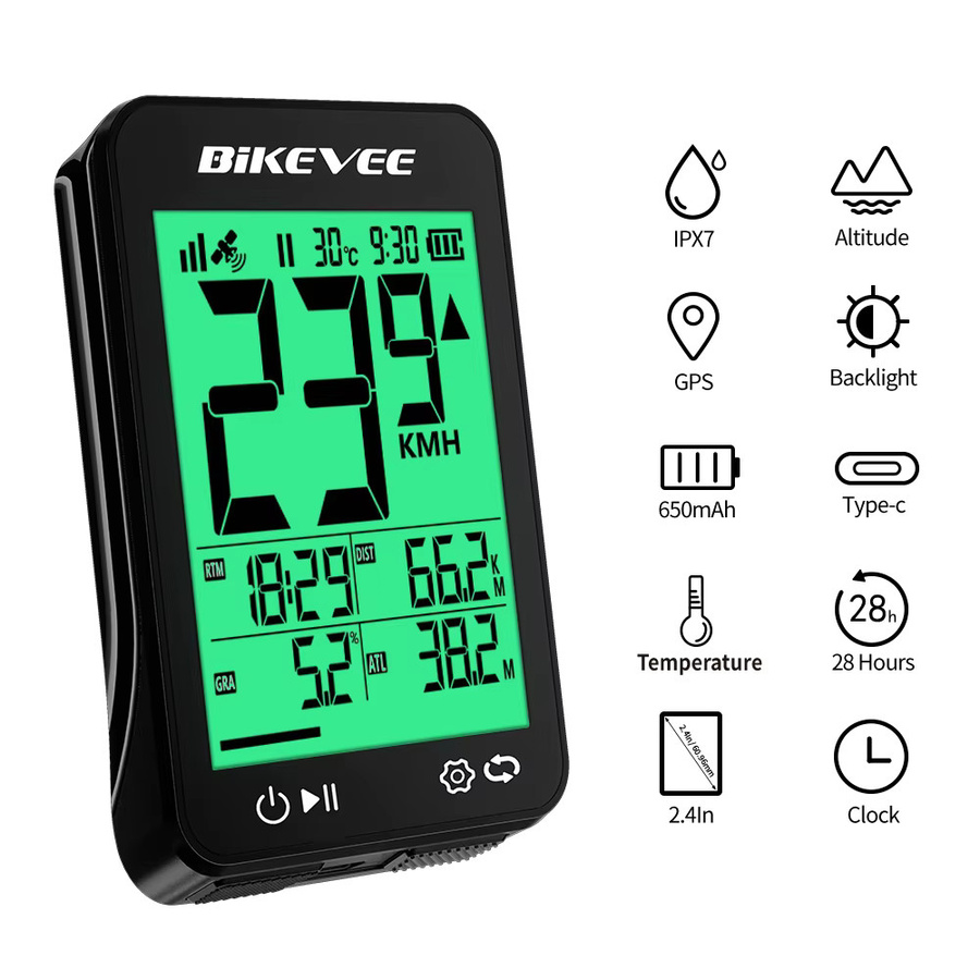 Bikevee GPS-Fahrradcomputer mit LCD-Digitalanzeige und grüner Hintergrundbeleuchtung in Schwarz-Grün - Bild 2