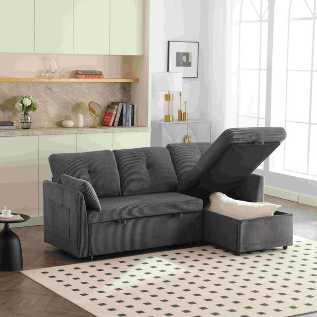 Aosom Ecksofa als Schlafsofa mit Chaiselongue aus Samt in Dunkelgrau, ausziehbar mit Stauraum, B/T/H: 206 x 108 x 88 cm - Bild 1