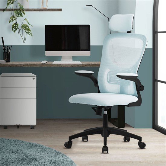 ML-Design Ergonomischer Bürostuhl Blau mit verstellbarer Kopfstütze, Armlehnen und Rollen aus Netzgewebe - Bild 1