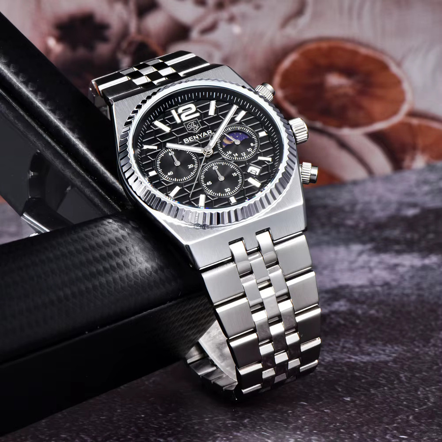 BENYAR Armbanduhr, Chronograph, Quarz, Mondphase, Edelstahl, Schwarz, Herren - Bild 3