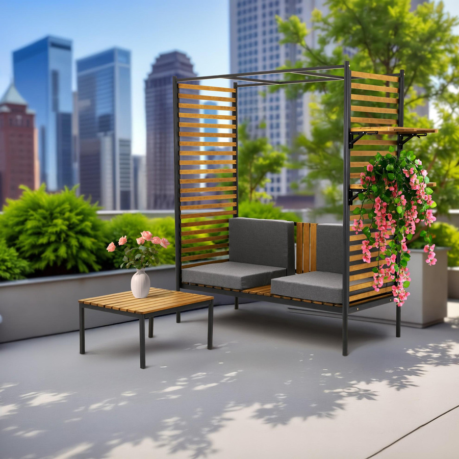 Pergola Gartenbank und Tisch Set mit Rückenlehne aus Holz und Metall für Terrasse und Garten - Bild 4