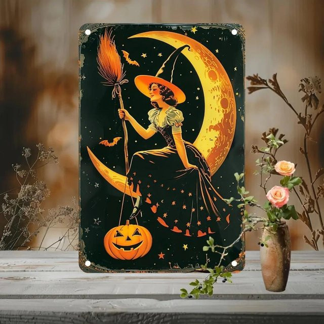 CIFBUY Vintage Halloween Metallblechschild mit Hexen- und Mondmotiv, Multicolor, B: 30,48 cm, H: 20,32 cm - Bild 1